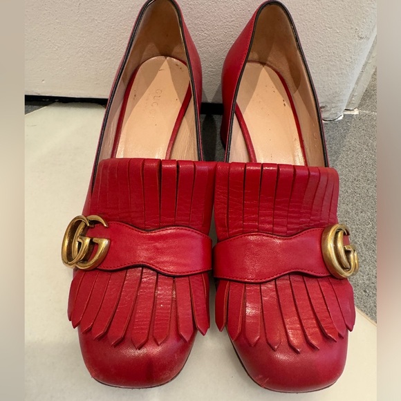 Gucci Marmot Mid-Heel Fringe Loafers in Red - Picture 4 of 14